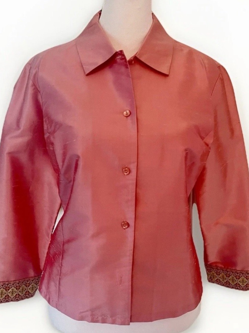 Ann Taylor 100% Silk Flamingo Pink Blouse With Decorative Cuffs - Size 6